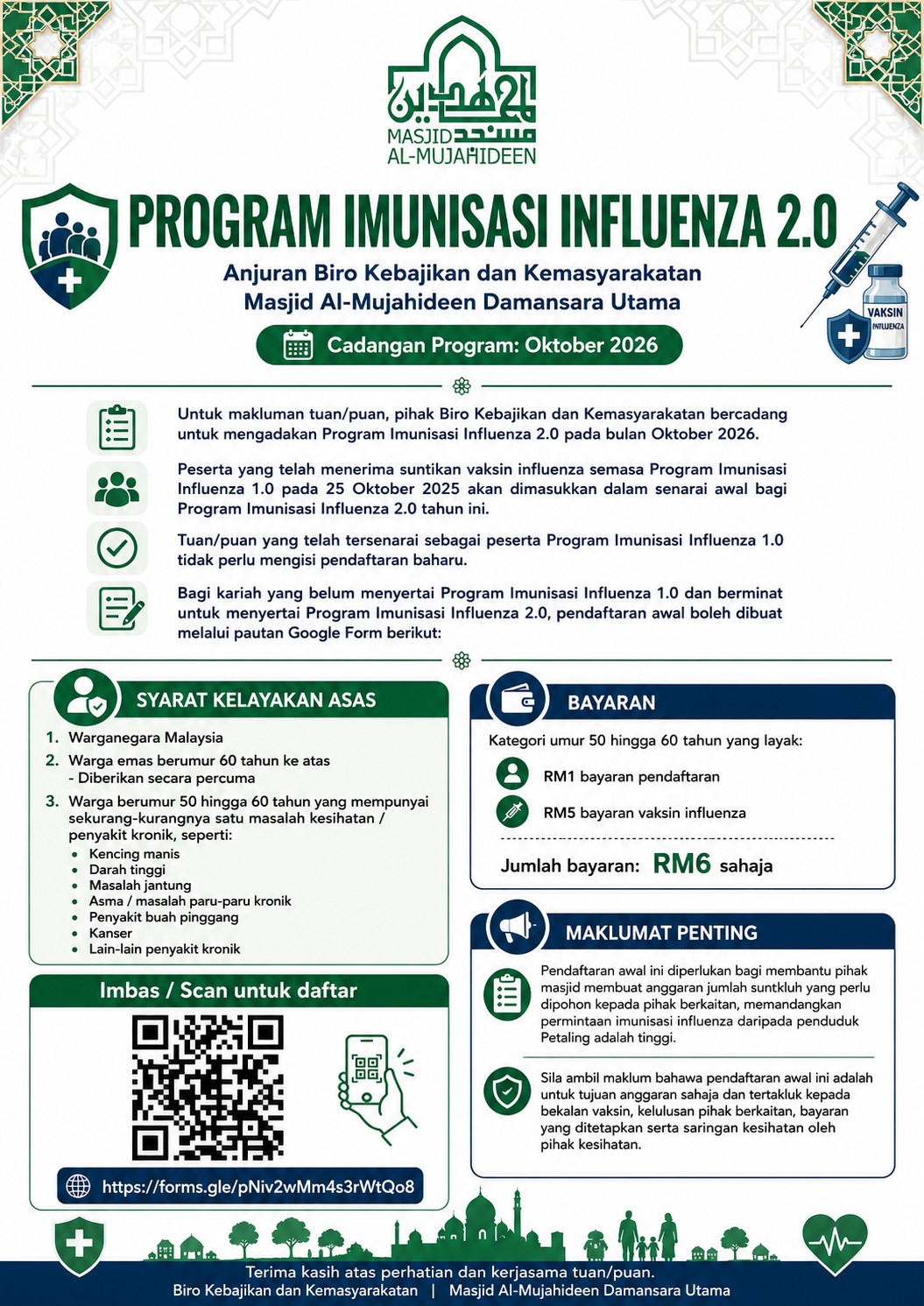 Poster Program Imunisasi Influenza 2.0 Masjid Al-Mujahideen Damansara Utama