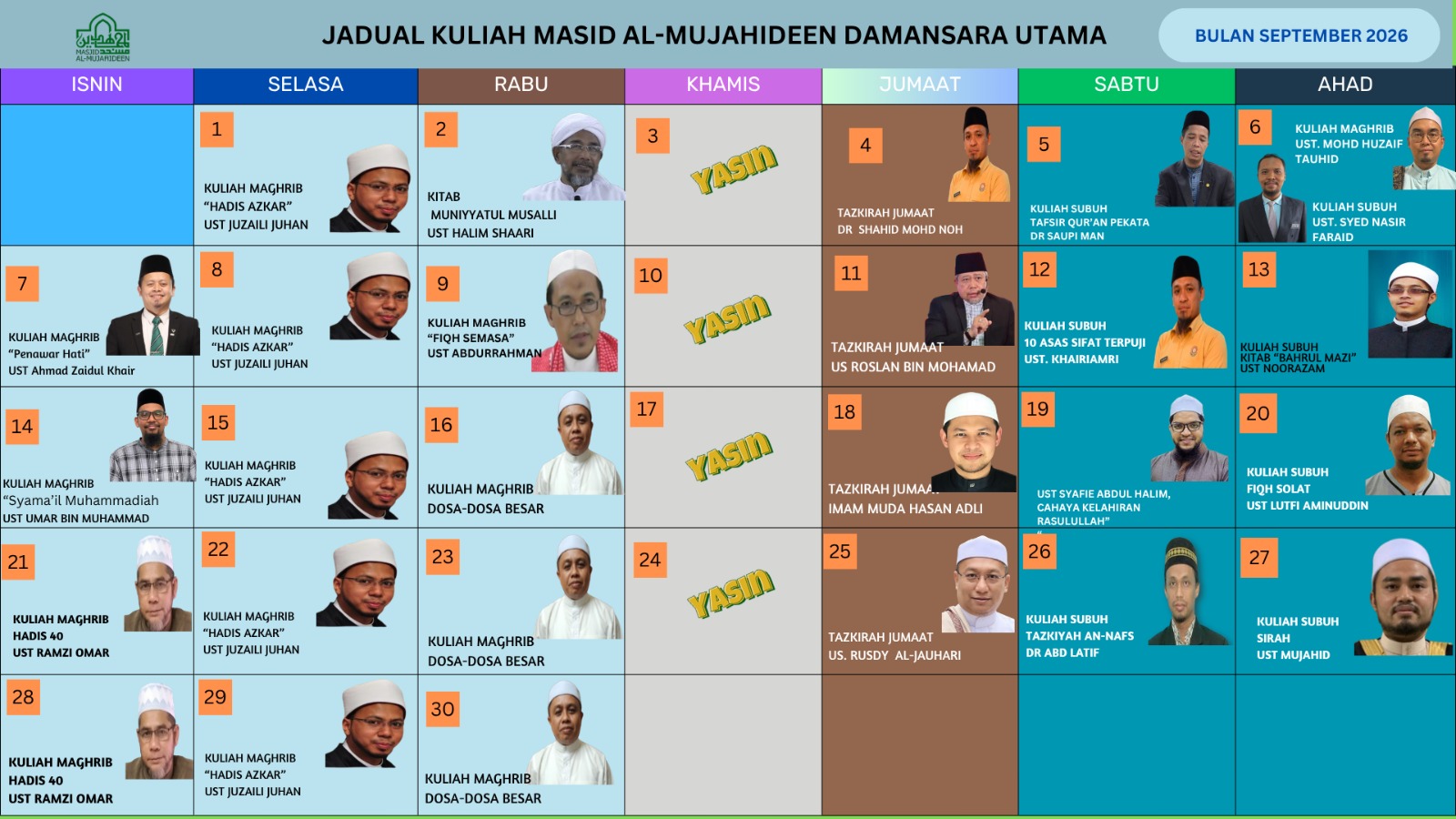 Jadual Kuliah Masjid Al-Mujahideen Damansara Utama Bulan September 2026